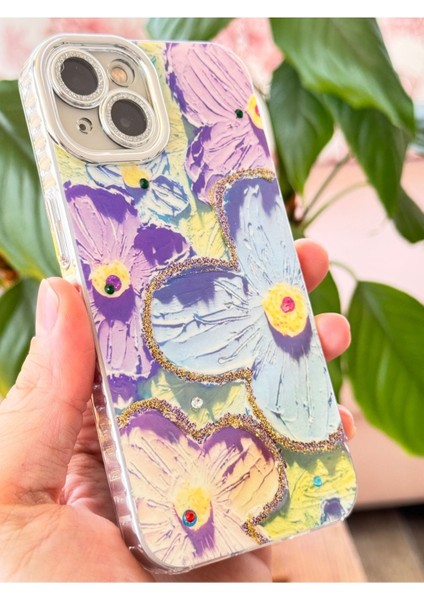 Apple iPhone 13 Kılıf Renk Değiştiren Taşlı Kamera Lens Korumalı Mavi Çiçek Desenli Darbe Emici Kapak