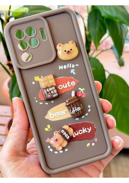Oppo Reno 5 Lite Kılıf Tasarımlı Desenli Kamera Korumalı Ayıcık Kahve Renkli Yumuşak Silikon Kap