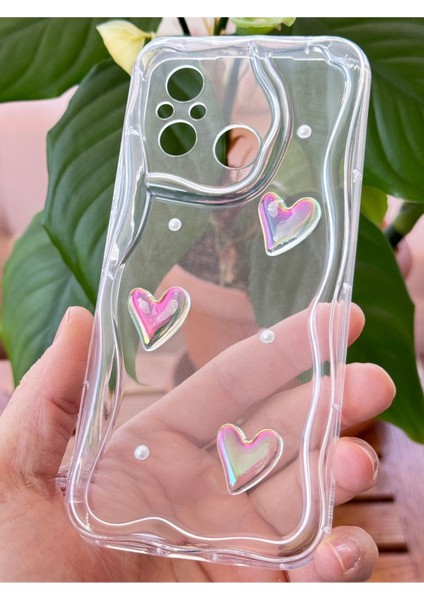 Xiaomi Redmi 12C Kılıf 3D Kalpli Inci Tasarımlı Desenli Kamera Korumalı Şeffaf Silikon Kapak