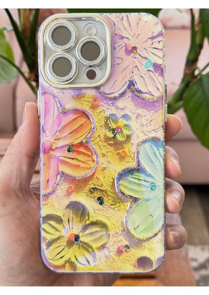 Apple iPhone 16 Pro Max Uyumlu Kılıf Renk Değiştiren Taşlı Kamera Lens Korumalı Parlak Pembe Çiçek Desenli modelleri
