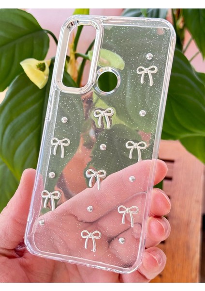 Xiaomi Redmi Note 8 Kılıf Fiyonk Desenli Şeffaf Simli Gümüş Kamera Çıkıntılı Parlak Kapak modelleri