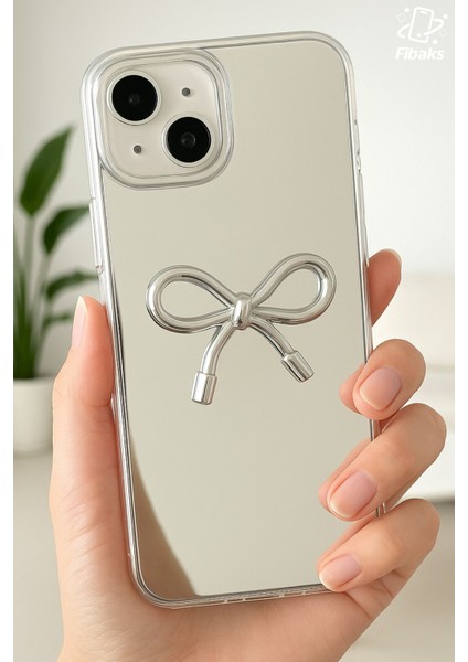 Apple iPhone 13 - 14 Uyumlu Kılıf Aynalı Gümüş 3D Fiyonk Desenli Darbe Emici Silikon Kapak