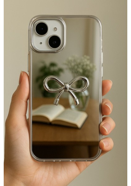 Apple iPhone 13 - 14 Uyumlu Kılıf Aynalı Gümüş 3D Fiyonk Desenli Darbe Emici Silikon Kapak fiyatları