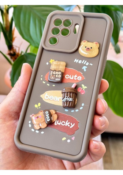 Oppo Reno 5 Lite Kılıf Tasarımlı Desenli Kamera Korumalı Ayıcık Kahve Renkli Yumuşak Silikon Kap