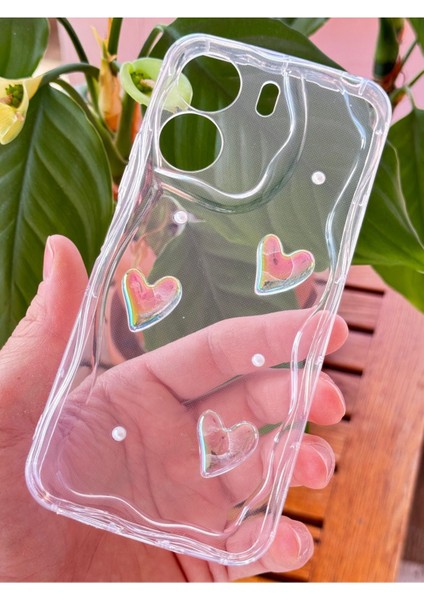 Xiaomi Redmi 13C Kılıf 3D Kalpli Inci Tasarımlı Desenli Kamera Korumalı Şeffaf Silikon Kapak