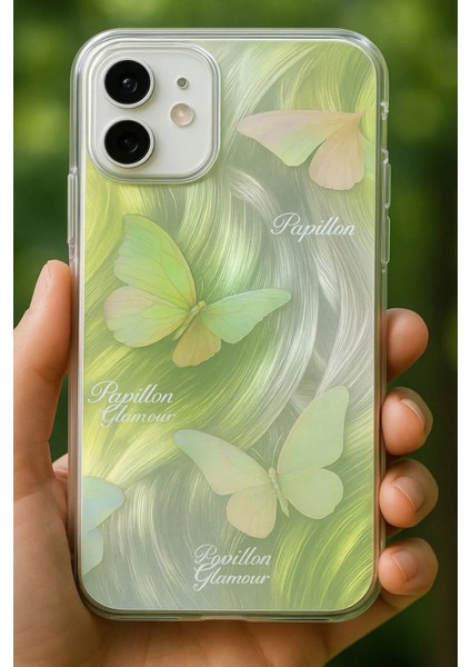 Apple iPhone 11 Uyumlu Kılıf Parlak Hologramlı Yeşil Kelebek Desenli Darbe Emici Kamera Korumalı Silikon