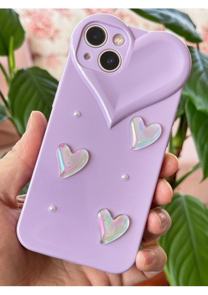 Apple iPhone 13 Kılıf Kalpli Inci Desenli Kalp Kamera Tasarımlı Lila Kamera Korumalı Silikon Kapak
