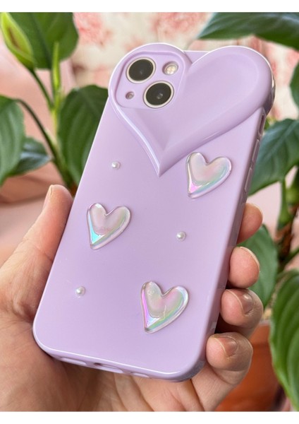 Apple iPhone 13 Kılıf Kalpli Inci Desenli Kalp Kamera Tasarımlı Lila Kamera Korumalı Silikon Kapak modelleri
