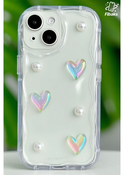 Apple iPhone 14 Plus Kılıf 3D Kalpli Inci Tasarımlı Desenli Kamera Korumalı Şeffaf Silikon Kapak