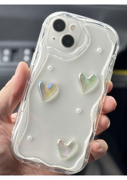 Apple iPhone 14 Plus Kılıf 3D Kalpli Inci Tasarımlı Desenli Kamera Korumalı Şeffaf Silikon Kapak modelleri