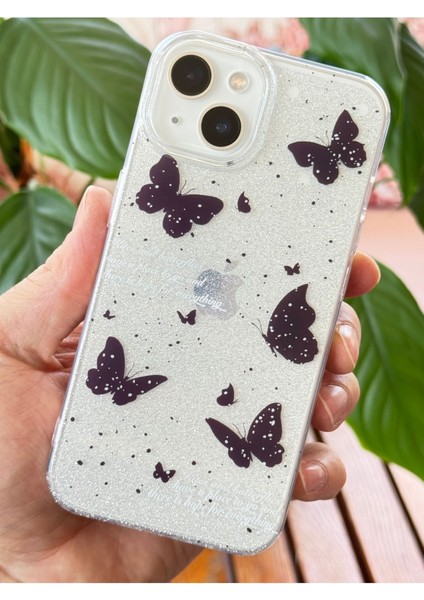 Apple iPhone 13/14 Uyumlu Kılıf Simli Siyah Kelebek Desenli Renkli Parlak Darbe Emici Kapak fiyatları