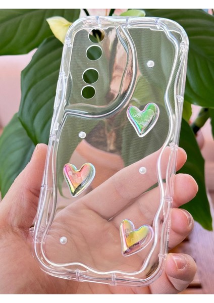 Honor 90 Kılıf 3D Kalpli Inci Tasarımlı Desenli Kamera Korumalı Şeffaf Silikon Kapak