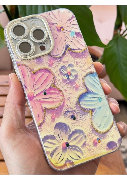 Apple iPhone 16 Pro Kılıf Renk Değiştiren Taşlı Kamera Lens Korumalı Pembe Çiçek Desenli Darbe Emici Kapak