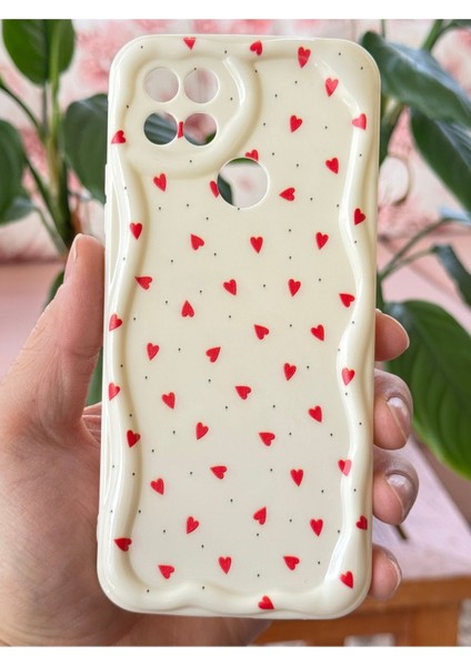 Oppo A15 - A15S Kılıf Kamera Korumalı Dalga Kenarlı Kırmızı Kalp Desenli Silikon Kapak fiyatları