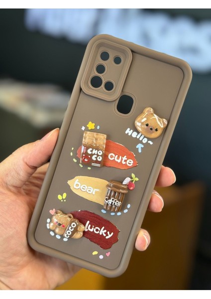 Samsung Galaxy M31 Kılıf Tasarımlı Desenli Kamera Korumalı Ayıcık Kahve Yumuşak Silikon Kapak modelleri