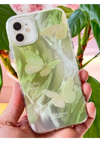 Apple iPhone 11 Uyumlu Kılıf Parlak Hologramlı Yeşil Kelebek Desenli Darbe Emici Kamera Korumalı Silikon