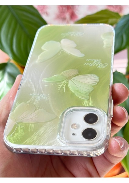 Apple iPhone 11 Uyumlu Kılıf Parlak Hologramlı Yeşil Kelebek Desenli Darbe Emici Kamera Korumalı Silikon
