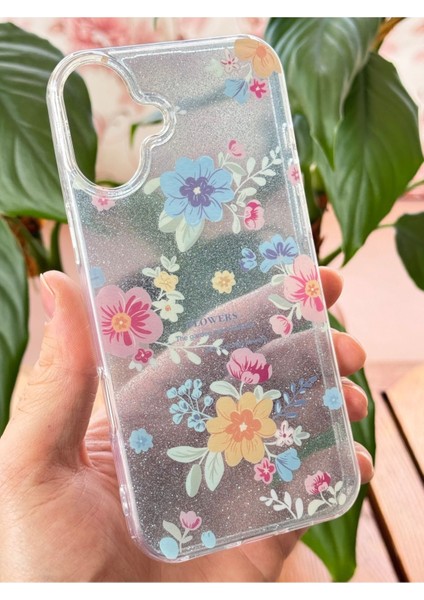 Apple iPhone 16 Uyumlu Kılıf Mavi Simli Çiçek Desenli Renkli Parlak Darbe Emici Kapak fırsatları
