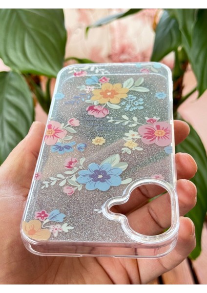 Apple iPhone 16 Uyumlu Kılıf Mavi Simli Çiçek Desenli Renkli Parlak Darbe Emici Kapak indirimleri