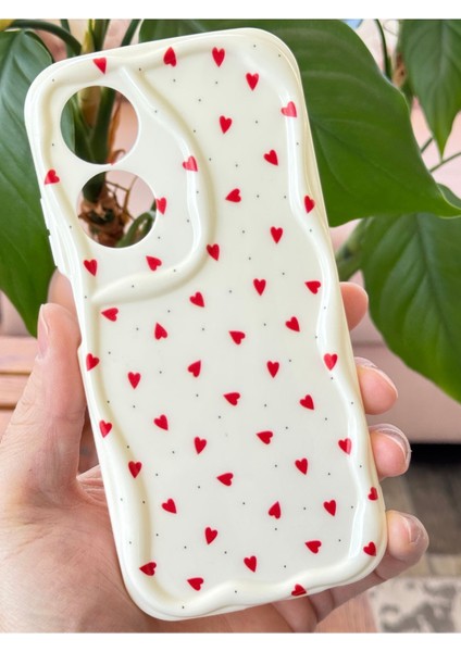 Oppo A60 Uyumlu Kılıf Kamera Korumalı Dalga Kenarlı Kırmızı Kalp Desenli Silikon Kapak
