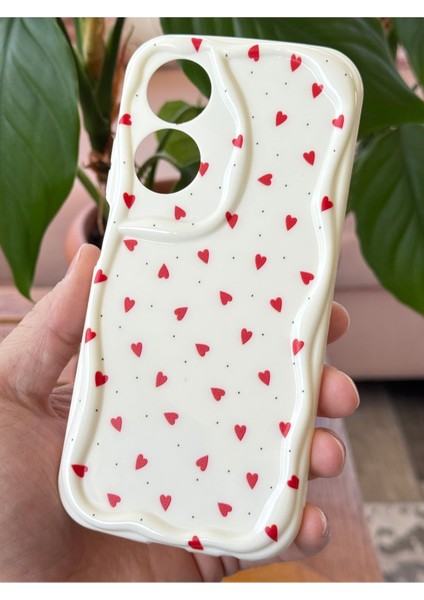 Oppo A60 Uyumlu Kılıf Kamera Korumalı Dalga Kenarlı Kırmızı Kalp Desenli Silikon Kapak