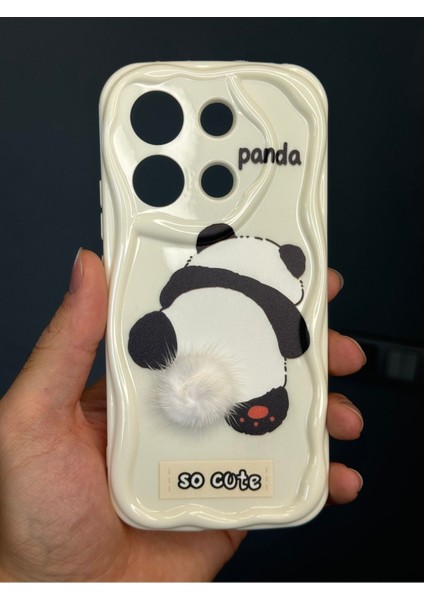 Xiaomi Redmi Note 13 4g Uyumlu Kılıf Tasarımlı Desenli Kamera Korumalı Panda Beyaz Püsküllü Silikon Kapak