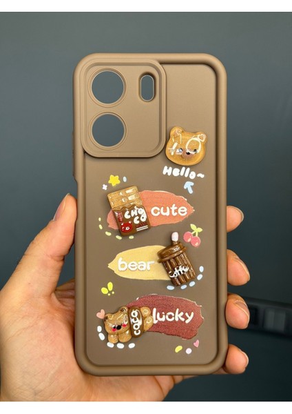 Vivo Y16 Kılıf Tasarımlı Desenli Kamera Korumalı Ayıcık Kahve Renkli Yumuşak Silikon Kapak