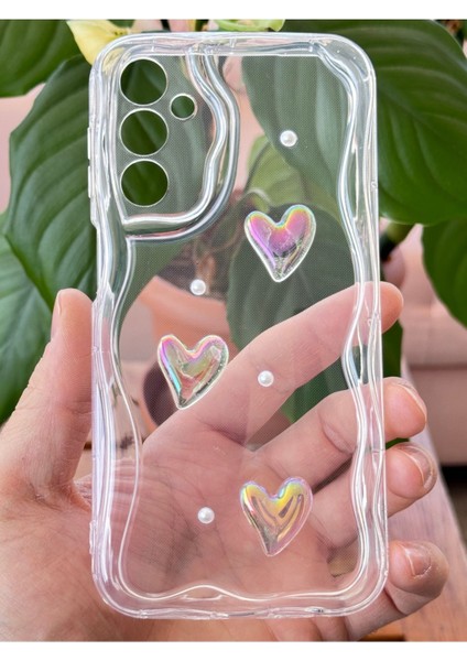 Samsung Galaxy A34 Kılıf 3D Kalpli Inci Tasarımlı Desenli Kamera Korumalı Şeffaf Silikon Kapak