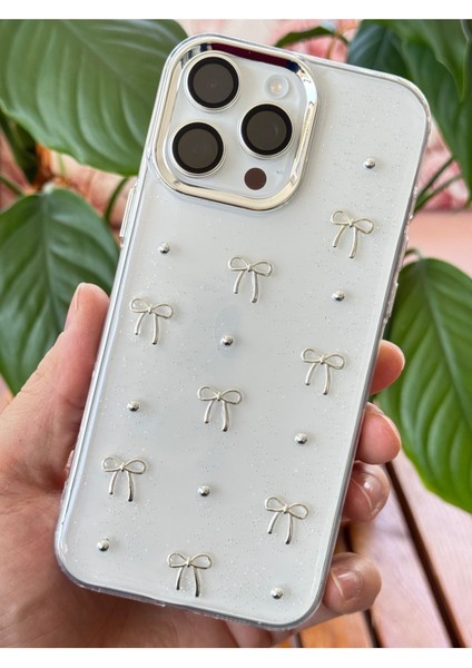 Apple iPhone 14 Pro Kılıf Fiyonk Desenli Şeffaf Simli Gümüş Kamera Çıkıntılı Parlak Kapak