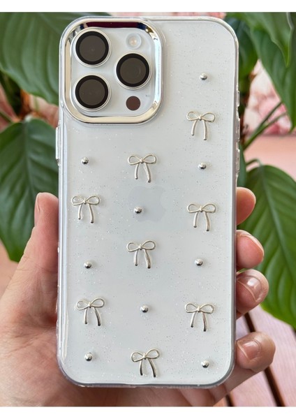 Apple iPhone 14 Pro Kılıf Fiyonk Desenli Şeffaf Simli Gümüş Kamera Çıkıntılı Parlak Kapak