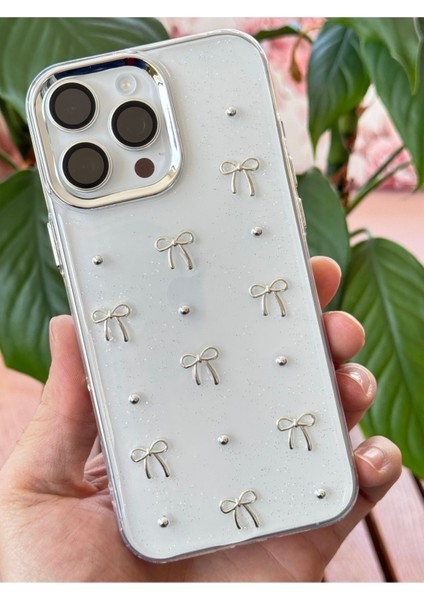 Apple iPhone 14 Pro Kılıf Fiyonk Desenli Şeffaf Simli Gümüş Kamera Çıkıntılı Parlak Kapak