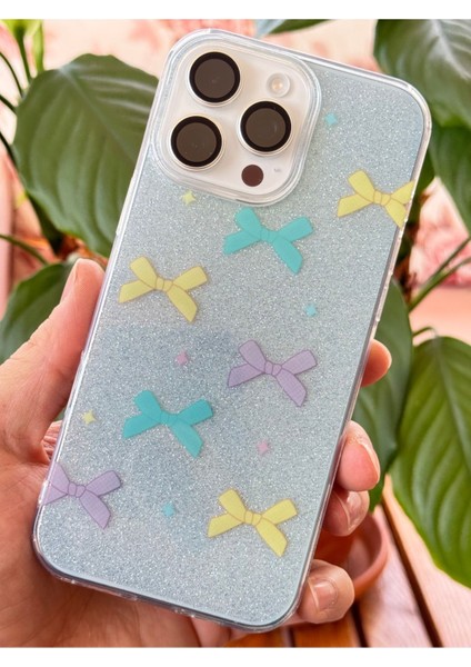 Apple iPhone 12 Pro Max Uyumlu Kılıf Mavi Simli Renkli Fiyonk Desenli Parlak Darbe Emici Kapak
