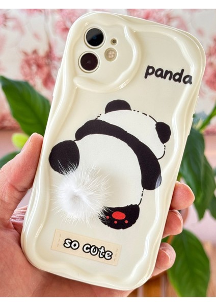 Apple iPhone 12 Uyumlu Kılıf Tasarımlı Desenli Kamera Korumalı Panda Beyaz Püsküllü Silikon Kapak