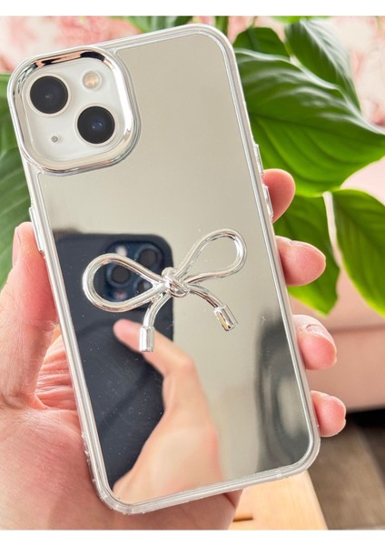 Apple iPhone 15 Uyumlu Kılıf Aynalı Gümüş 3D Fiyonk Desenli Darbe Emici Silikon Kapak fiyatları