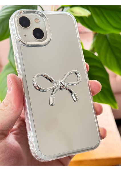Apple iPhone 15 Uyumlu Kılıf Aynalı Gümüş 3D Fiyonk Desenli Darbe Emici Silikon Kapak fırsatları