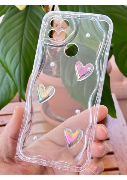 Oppo A15/A15S Kılıf 3D Kalpli Inci Tasarımlı Desenli Kamera Korumalı Şeffaf Silikon Kapak