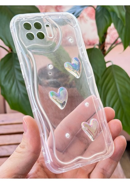 Oppo Reno 4 Lite Kılıf 3D Kalpli Inci Tasarımlı Desenli Kamera Korumalı Şeffaf Silikon Kapak