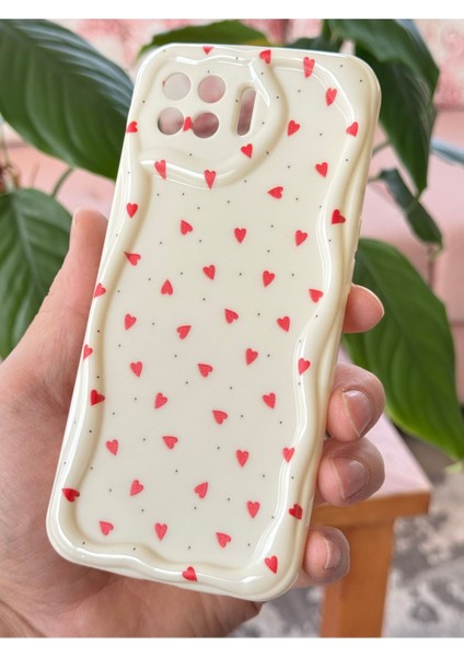 Oppo Reno 4 Lite Kılıf Kamera Korumalı Dalga Kenarlı Kırmızı Kalp Desenli Silikon Kapak