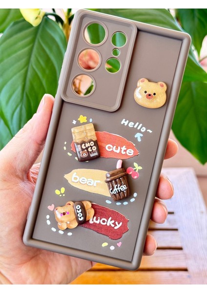 Samsung Galaxy S24 Ultra Kılıf Tasarımlı Desenli Kamera Korumalı Ayıcık Kahve Renkli Yumuşak Silikon