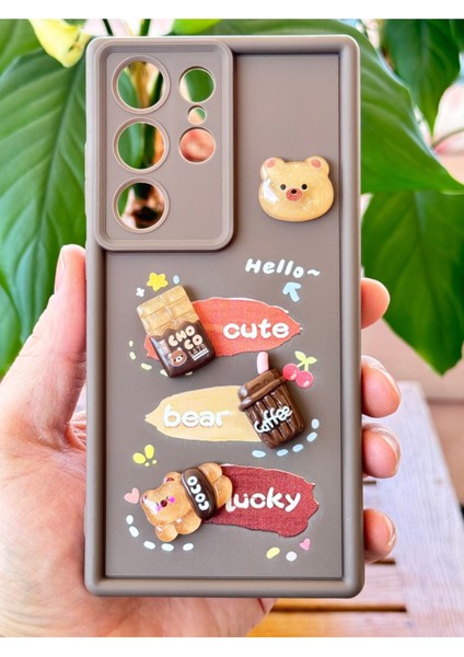 Samsung Galaxy S24 Ultra Kılıf Tasarımlı Desenli Kamera Korumalı Ayıcık Kahve Renkli Yumuşak Silikon