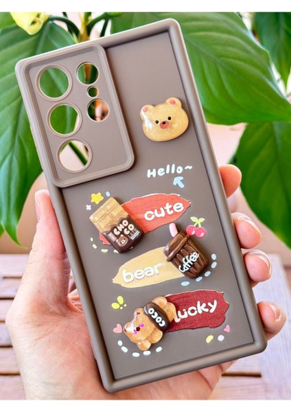Samsung Galaxy S24 Ultra Kılıf Tasarımlı Desenli Kamera Korumalı Ayıcık Kahve Renkli Yumuşak Silikon
