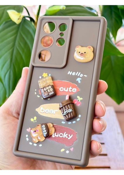Samsung Galaxy S24 Ultra Kılıf Tasarımlı Desenli Kamera Korumalı Ayıcık Kahve Renkli Yumuşak Silikon