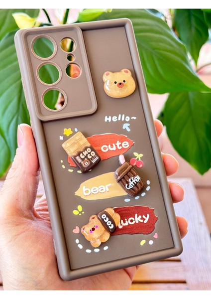Samsung Galaxy S24 Ultra Kılıf Tasarımlı Desenli Kamera Korumalı Ayıcık Kahve Renkli Yumuşak Silikon