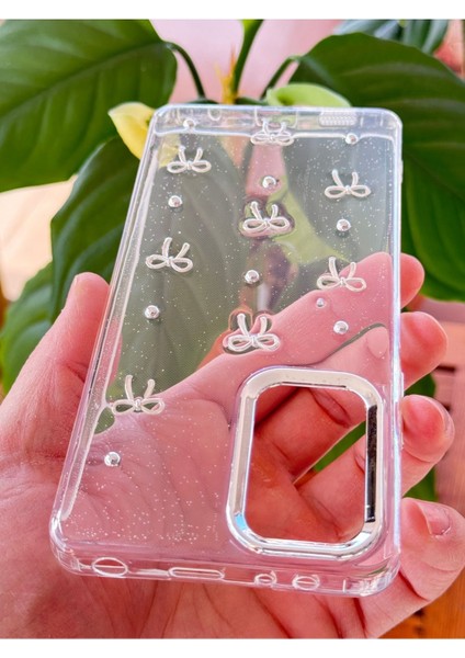 Realme Note 60 Kılıf Fiyonk Desenli Şeffaf Simli Gümüş Kamera Çıkıntılı Parlak Kapak