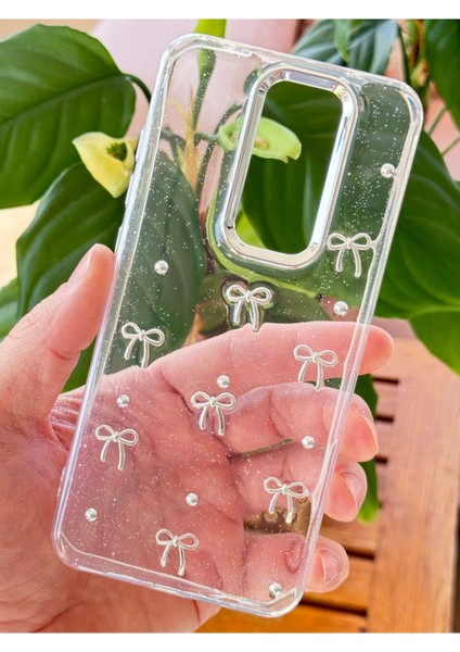 Xiaomi Redmi Note 8 Pro Kılıf Fiyonk Desenli Şeffaf Simli Gümüş Kamera Çıkıntılı Parlak Kapak