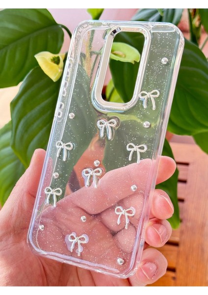 Xiaomi Redmi Note 8 Pro Kılıf Fiyonk Desenli Şeffaf Simli Gümüş Kamera Çıkıntılı Parlak Kapak modelleri