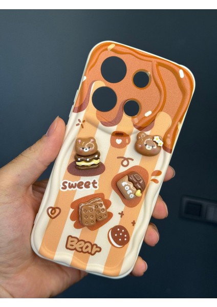 Xiaomi Redmi Note 13 4g Kılıf Tasarımlı Desenli Kamera Korumalı Ayıcık Bisküvi Renkli Cofffe Silikon Kapak