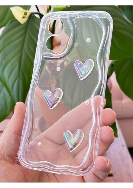 Oppo A38 Kılıf 3D Kalpli Inci Tasarımlı Desenli Kamera Korumalı Şeffaf Silikon Kapak