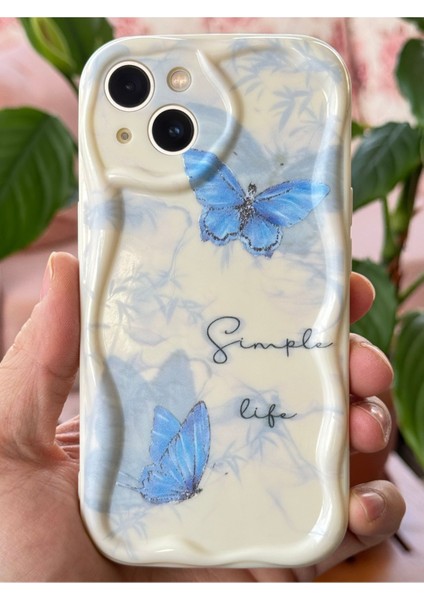 Apple iPhone 13 Kılıf Kamera Korumalı Silikon Mavi Kelebek Desenli Dalga Kenarlı Kapak fiyatları
