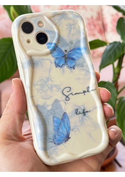 Apple iPhone 13 Kılıf Kamera Korumalı Silikon Mavi Kelebek Desenli Dalga Kenarlı Kapak fırsatları
